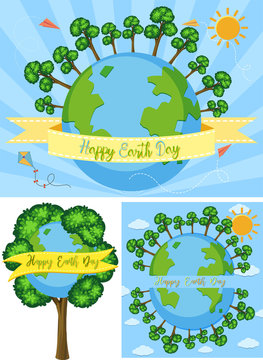 Three happy earth day poster designs
