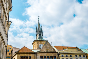 Clock tower. The ancient buildings of Prague, the capital of the Czech Republic