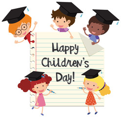 Happy children's day with kids wearing graduation caps
