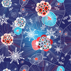 Abstract winter pattern with snowflakes and fantastic elements