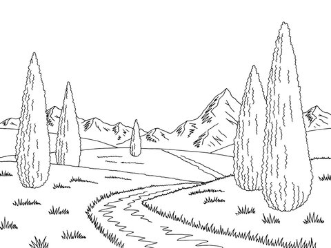 Mountain road graphic cypress black white landscape sketch illustration vector