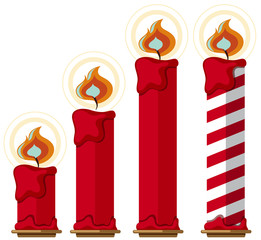 Red candles with fire on white background