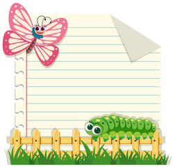 Line paper template with butterfly and caterpillar