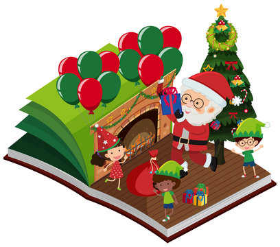 Santa Claus and happy children in the book