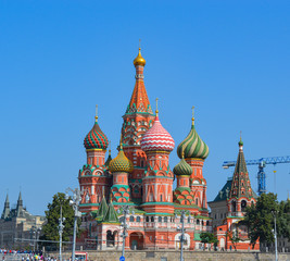 Fototapeta na wymiar Symbol of Moscow: St. Basil Blazhenny's temple in blue sky, famous landmark on the Red Square