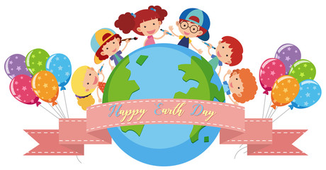 Happy Earth day poster with kids and balloons