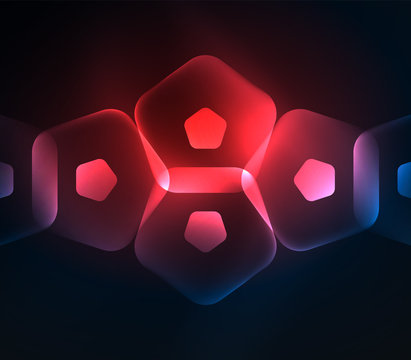 Glowing glass transparent pentagans, geometric abstract digital background