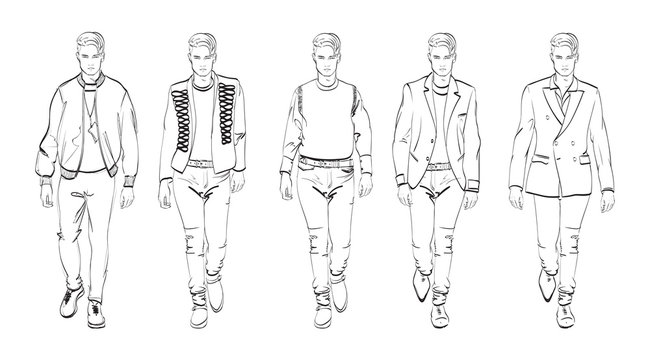 Fashion man. Set of fashionable men's sketches on a white background. Autumn men.