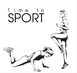 Tine to sport. A young athlete performs exercises. Set of vector sketches of illustrations. Sport and a healthy lifestyle