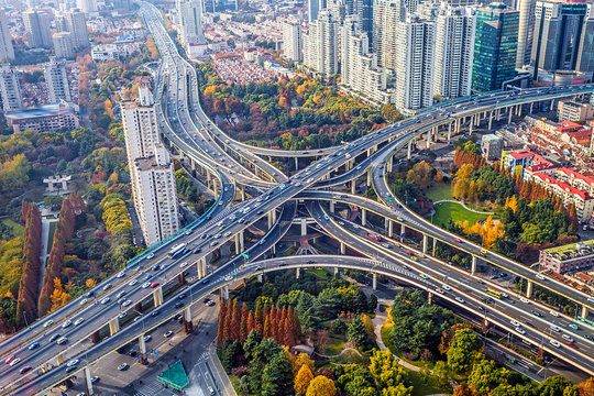Aerial view of elevated highways and city