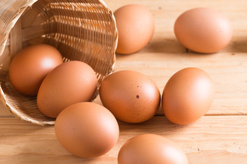 Organic eggs on wood. Fresh eggs.