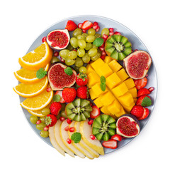 Platter fruits and berries. Mango, kiwi, fig, strawberry, grapes, pear and orange. Vegan cuisine. Dietary menu. Flat lay. Top view