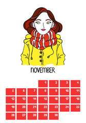 November. Calendar. Month. Beautiful girl. Isolated vector objects on white background.