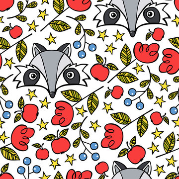 Raccoon. Flowers, berries and an apple. Seamless vector pattern (back