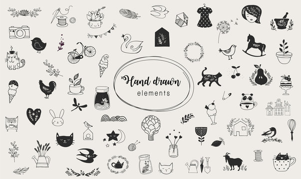Simple illustrations, vector hand drawn elements, doodles