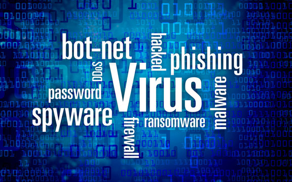 malware word cloud Virus - hacked Computer blue background virus alert - hacker