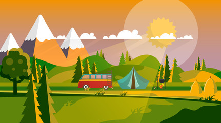 Colorful Flat Design Countryside Camp. Landscape, Vector Illustration. 