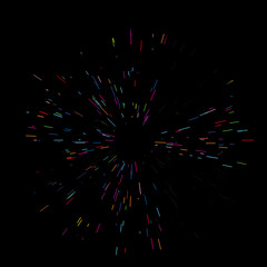 Colorful fireworks Radiating from the center of thin beams, lines. Dynamic style. Abstract explosion, speed motion lines 