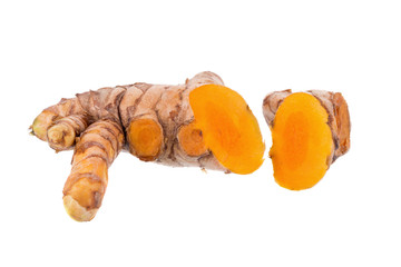 Fresh turmeric slices isolated on white background