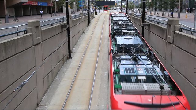 Modern streetcars in the city of Toronto. Province of Ontario, Canada