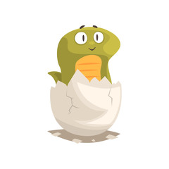 Cute green snake newborn hatching from egg