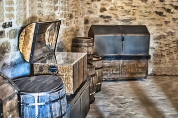 Old wooden trunks and barrels