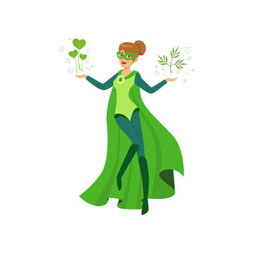 Female eco superhero levitates with green leaves