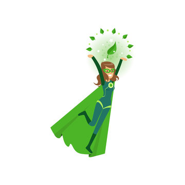 Smiling eco superhero fly with hands up