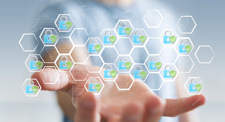 Businessman holding a hand-drawn antivirus system