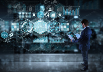 Businessman watching chart screens interface on a rooftop 3D rendering