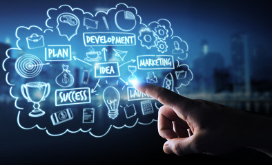 Businessman using manuscript project presentation with his hand