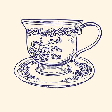 Classical porcelain cup and saucer with roses and leaves ornament,  hand drawn doodle, simple sketch in pop art style, vector black and white illustration