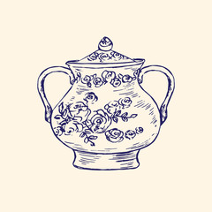 Classical porcelain sugar bowl with roses and leaves ornament, hand drawn doodle, simple sketch in pop art style, vector black and white illustration