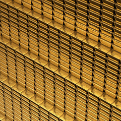 Gold Bars stacked in rows behind security bars. 3D Rendering - 179066079