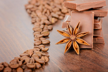 Coffee beans close up and chocolate
