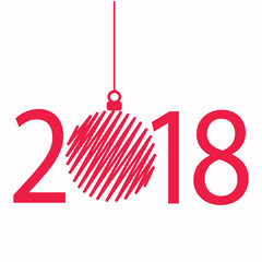 Happy New 2018 Year Greeting Card with red Decor Ball, stock vector illustration