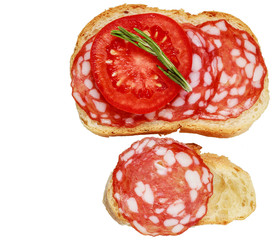 Sandwiches with smoked sausage, tomato, bread and rosemary on a white background.
