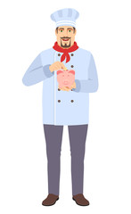 Chef puts coin in a piggy bank