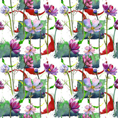 Wildflower aster flower pattern in a watercolor style. Full name of the plant: aster. Aquarelle wild flower for background, texture, wrapper pattern, frame or border.