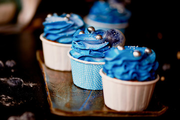 Incredible cosmic blue cupcakes with decoration in the form of round planets. A work of culinary art