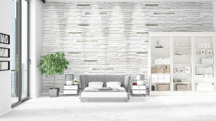 Fototapeta premium Scene with brand new interior in vogue with white rack and modern bed. 3D rendering. Horizontal arrangement.