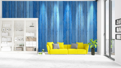Scene with brand new interior in vogue with white rack and yellow couch. 3D rendering. Horizontal arrangement.