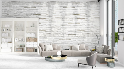 Scene with brand new interior in vogue with white rack and modern grey sofa. 3D rendering. Horizontal arrangement.