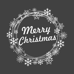 Merry Christmas lettering with golden and silver ornaments and wreath decoration of stars, snowflakes. happy new year
