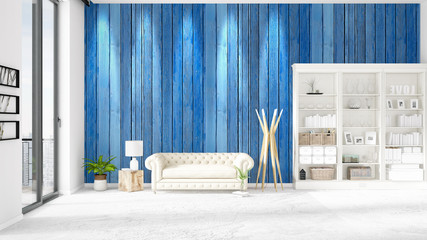 Modern loft interior in vogue with white couch and copyspace in horizontal arrangement. 3D rendering.