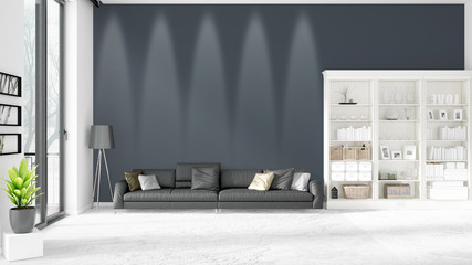 Modern interior in vogue with black leather couch and copyspace in horizontal arrangement. 3D rendering.