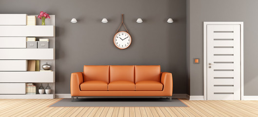 Gray living room with orange sofa