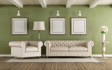 Green and white classic living room