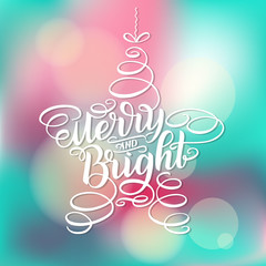 Merry and Bright New Year Lettering in form of star tree toy, Greeting Card design circle text frame isolated on white.Vector illustration. Christmas tree toy, Sign Painting