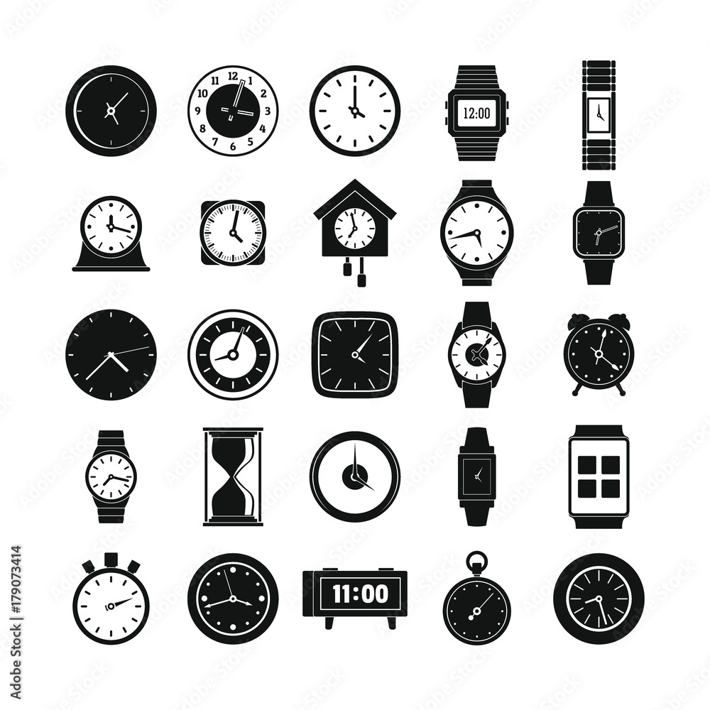 Poster time and clock icons set, simple style